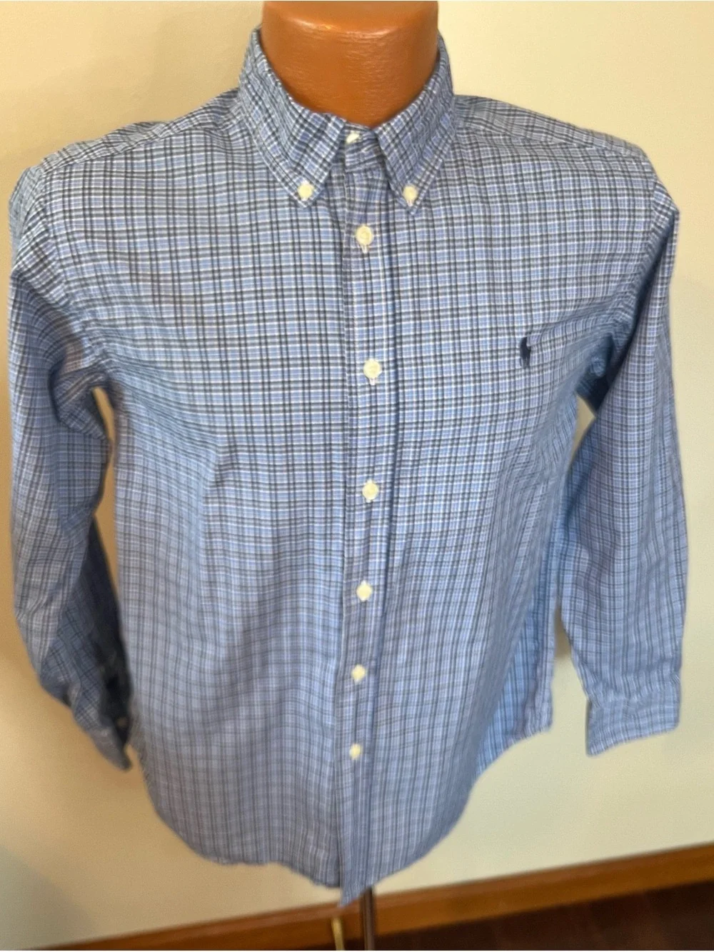 Ralph Lauren Boys Large 14-16 Blue Plaid Button Down Long Sleeve Cotton Shirt